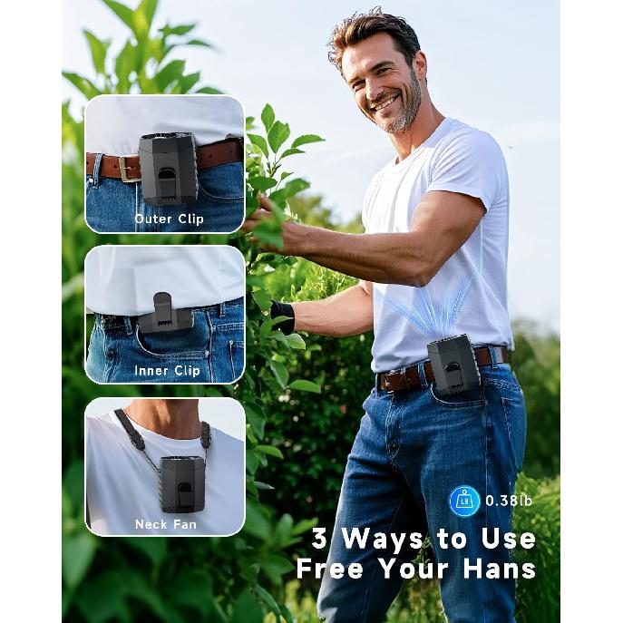 2025 Smart Portable Rechargeable Fan with LED Light & 25H Runtime, 4-Speed 9200RPM Turbo Cooling Personal Waist Fan, Wearable Neck & Belt Clip for