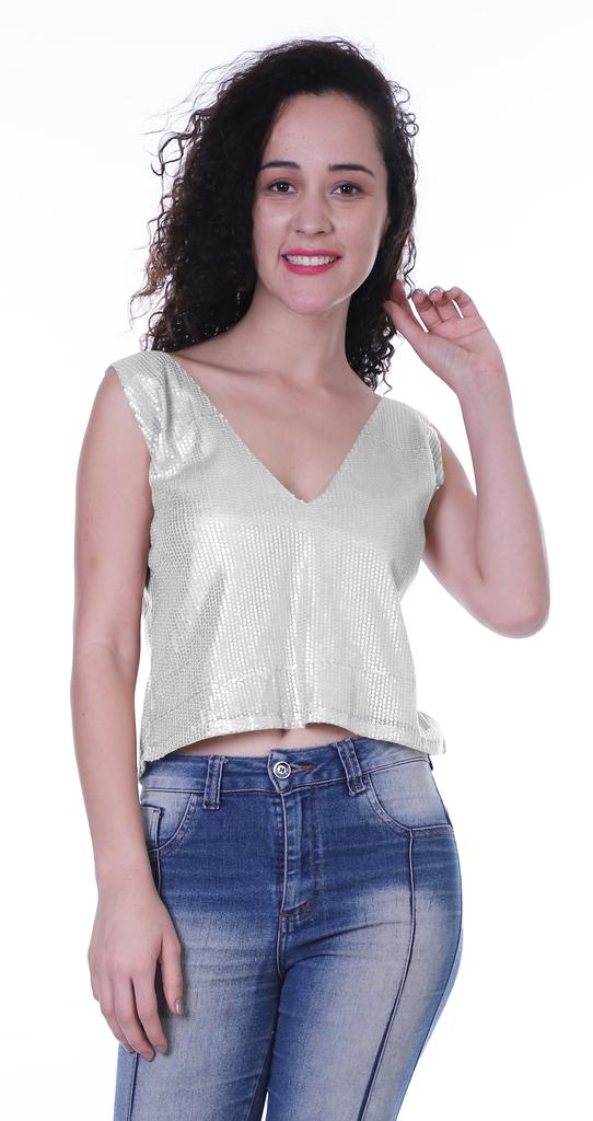 Moomaya Womens Sequin Sleeveless Party Crop Top Glitter V Neck Sparkle Club