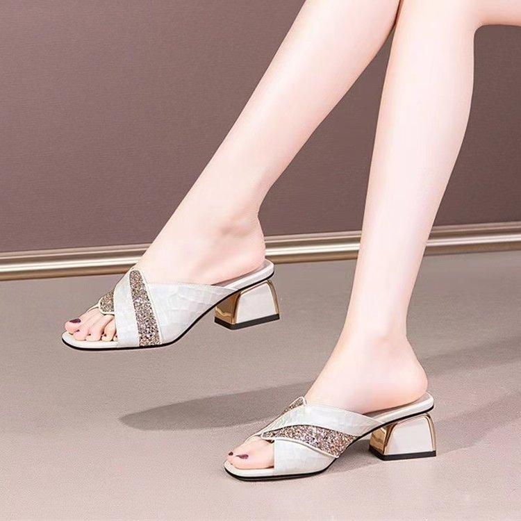 

Women s cool slippers women s new high-heeled fashion soft leather rhinestone one-word women s shoes 40