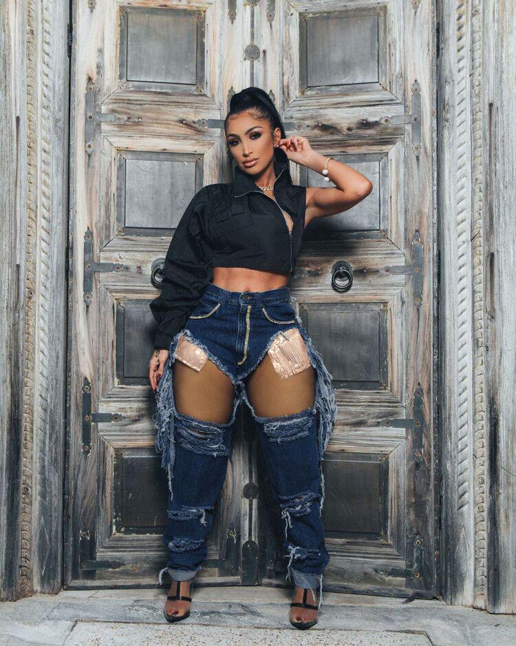 Women's Fashion Ripped Rhinestone Tassel Hip-Lifting Jeans