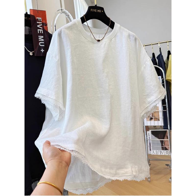 Women s Short Sleeve Cotton-Linen T-Shirt with Lace Trim - Chic & Comfortable Summer Top XXL