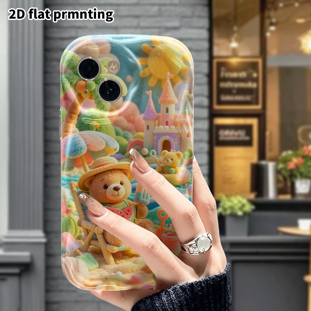 Phone Case: 2D Flat, Suitable for iPhone 18, 17, 16, 15, 14, 13, 12 Pro Protective Cases, Summer Beach Little Bear, Perfect Holiday Gift for Christmas