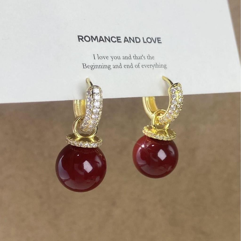 Wine Red Pearl Zircon Two-Way Earrings - Light Luxury Autumn/Winter Collection