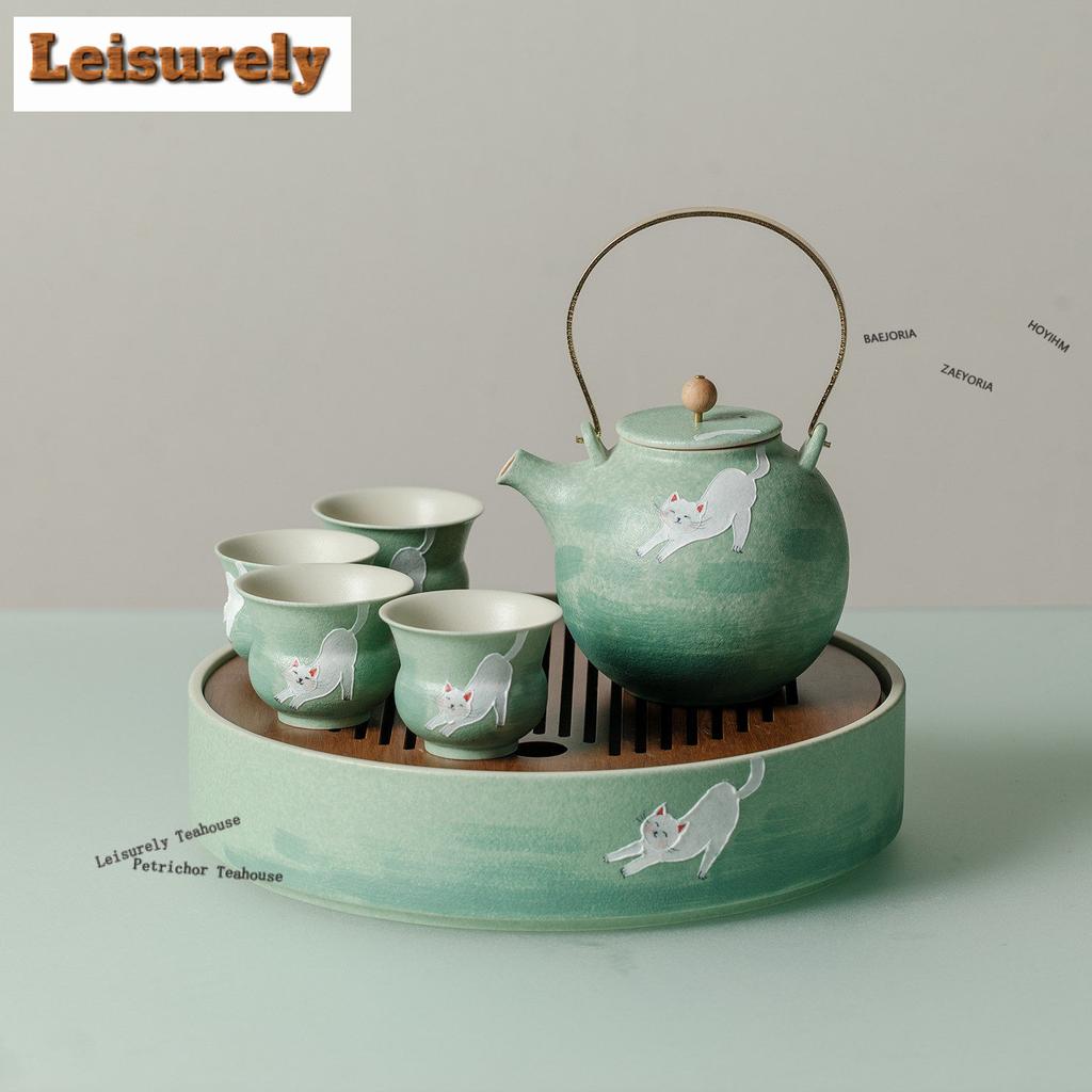 111ml Green Hand-painted Cat Teapot Luxury Tea Infuser Pot Tea Maker Kettle With Ball Hole Chinese Tea Set Accessories Ornaments