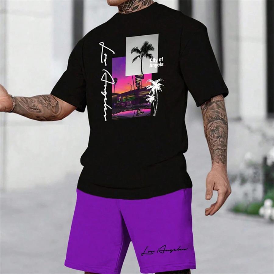 2025 Summer New Men's Short Sleeve Palm Tree Print Two Piece Drawstring Shorts Set Fashion Men's Vacation Beach Casual Suit