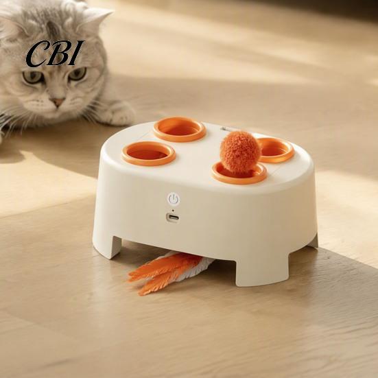 Cat Toy with Feathers Electric Interactive & Pompoms, USB Rechargeable Automatic Teaser Pet Toy, Indoor Cats Boredom Enrichment Electronic Toys