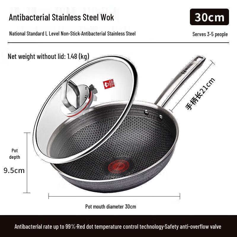 Kobach 30cm Non-stick Antibacterial 304 Stainless Steel Wok