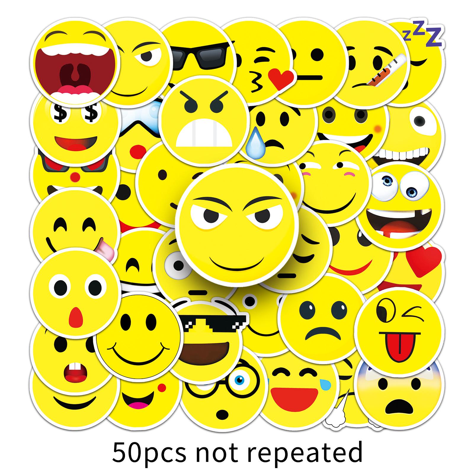 50pc Yellow Smiley Face Emoji Stickers: Waterproof and Traceless for Scooter and Suitcase.