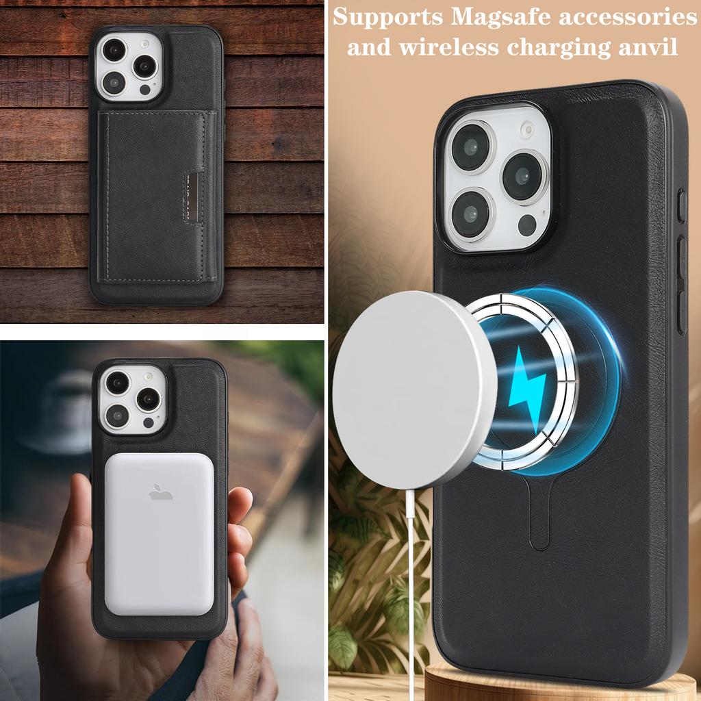 For iPhone 14 Pro Kickstand Case Tri-fold Card Bag PU Leather Coated TPU Cover Compatible with MagSafe