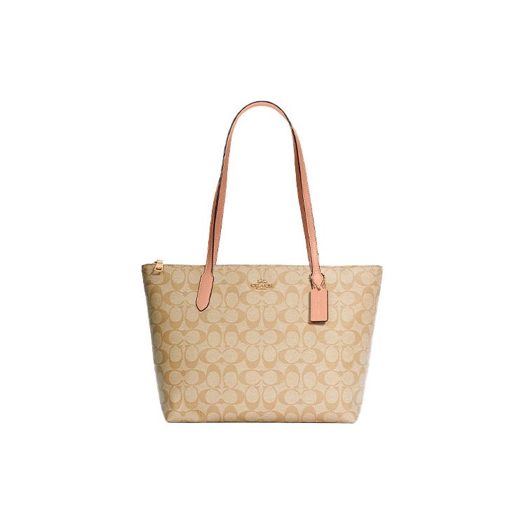 COACH Zip Top Tote Canvas With Leather Handbag, Shoulder Bag Medium Women's Light Khaki & Cherry Blossom Pink 4455-IMTYF