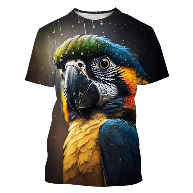 3D Parrot Men's Graphic T-Shirt Summer Street Men's Short Sleeve Tee Forest Bird Round Neck Men's Tops Breathable Men's T-Shirt