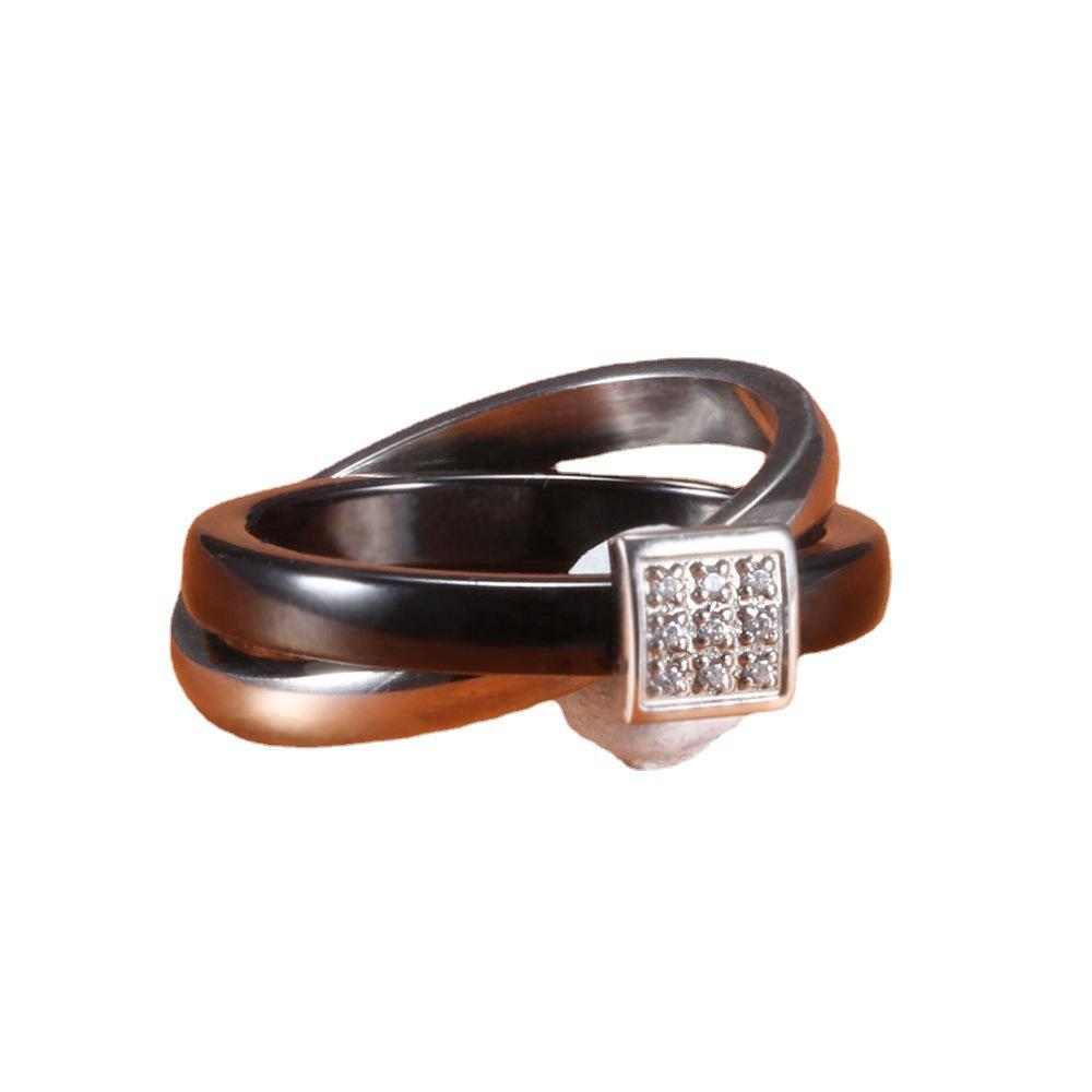 European & American 7MM Zirconia Inlaid Stainless Steel Black Silver Ceramic Women's Ring