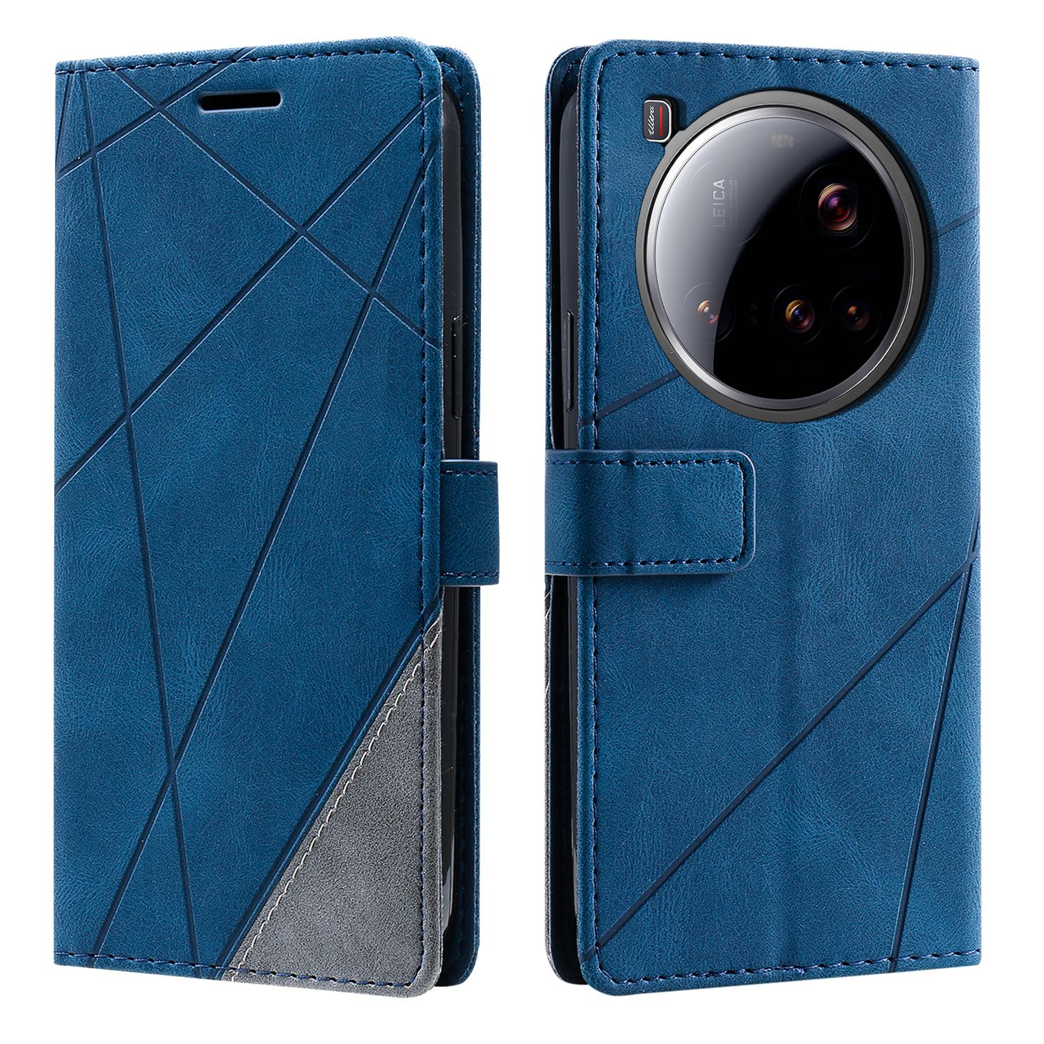 

For Xiaomi 15 Ultra Case Imprinted Lines PU Leather Splicing Wallet Phone Cover with Wrist Strap Blue