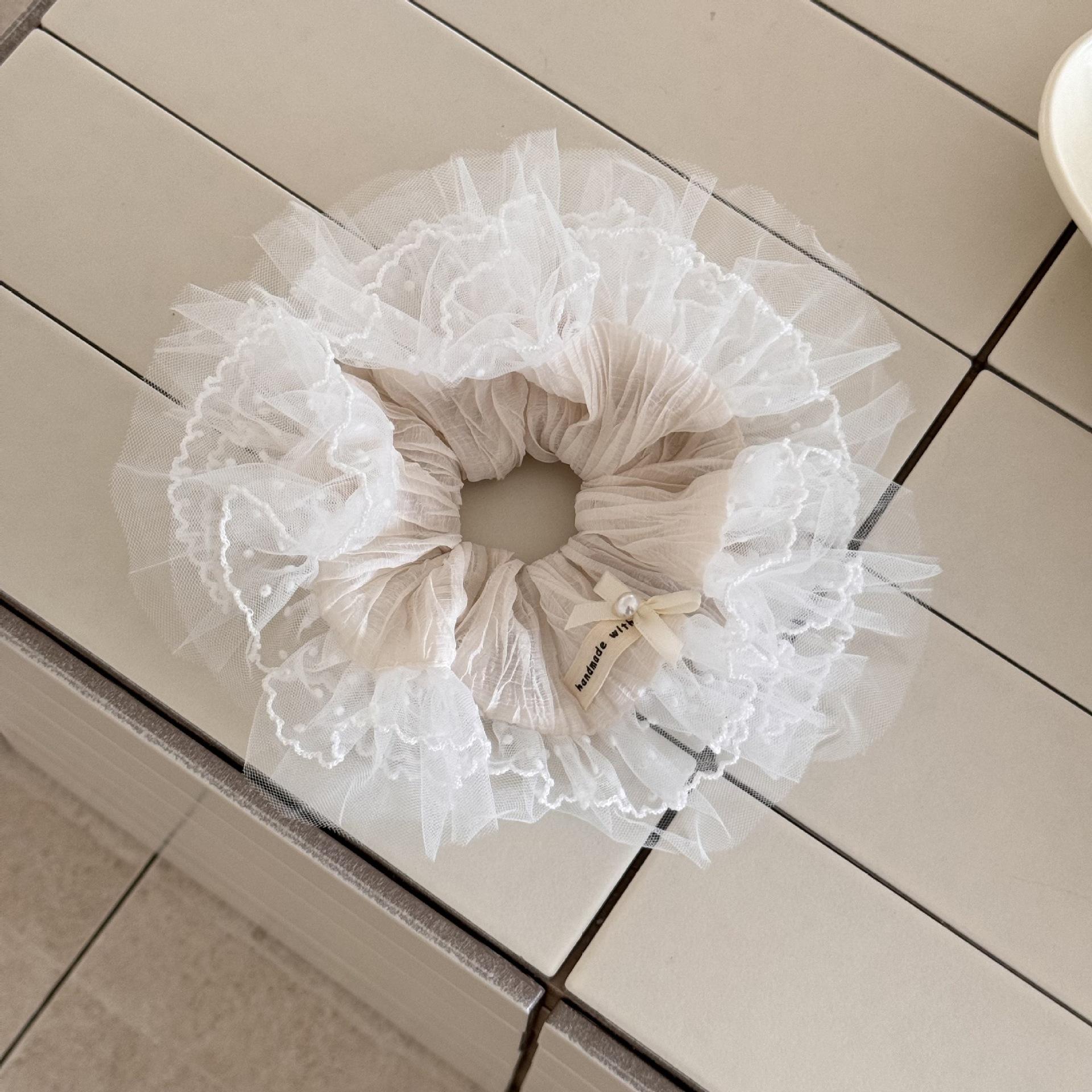 

Корейская большая плиссированная резинка для волос с кружевной отделкой в горошек, женская, с высоким чувством, с мягким темпераментом, резинка для хвостика, аксессуары