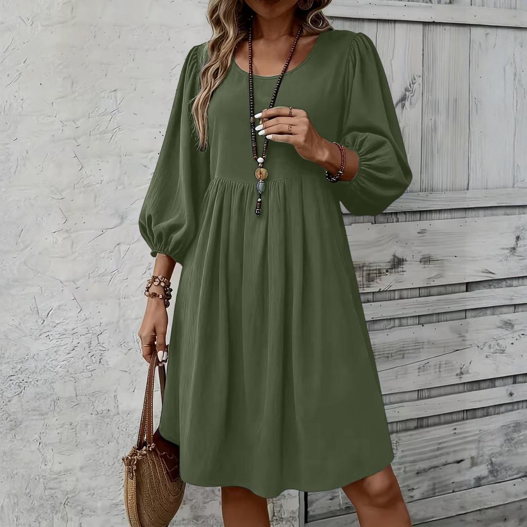 Women's Fashion Elegant Holiday Solided Color Round Neck 3/4 Sleeve Cotton Polyester Midi Dress