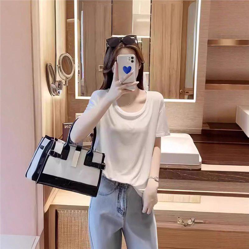 

2025 Women s Casual Loose Round Neck Solid Color Short Sleeve Summer Top XL