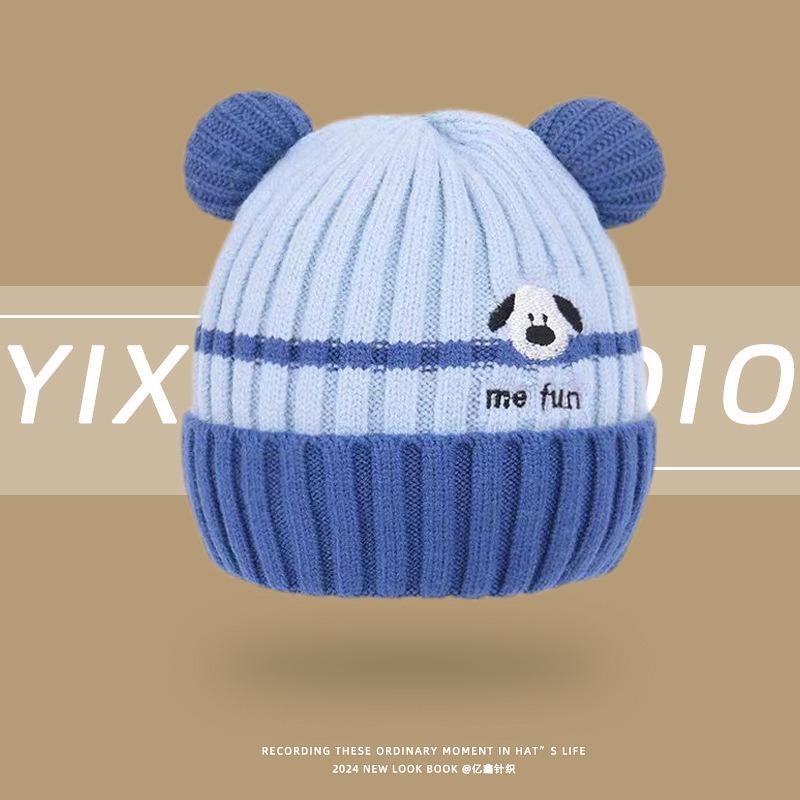 Baby Hat Winter Cute Cartoon Double Ball Wool Hat Boys and Girls Baby Ear Protector Knitted Hat Children's Pullover Hat