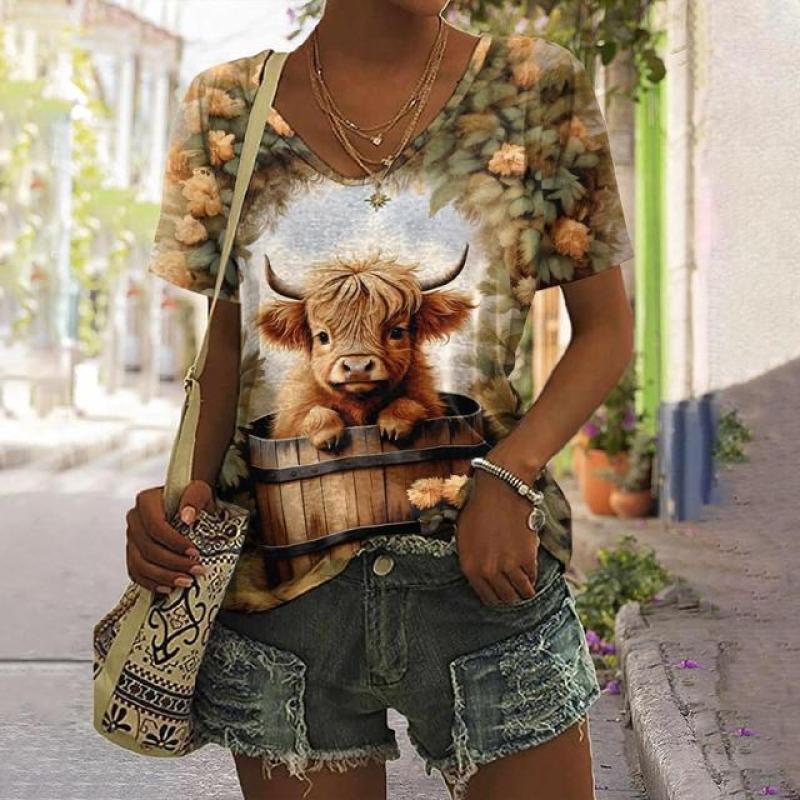 Animal Women's T Shirt Summer Casual Short Sleeve Top Cute Calf Pattern 3d Print Street Fashion V-Neck Female Harajuku Clothing
