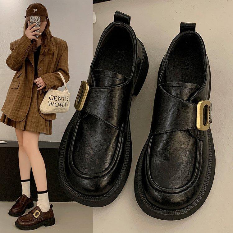 Platform loafers women's 2025 autumn new thick heel black small leather shoes medium heel British style one-pedal single shoes