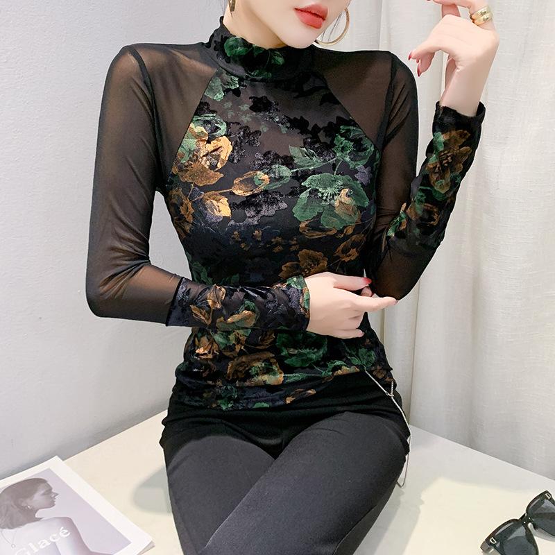 

Базовая рубашка с принтом в стиле ретро, облегающая футболка с длинными рукавами, сетчатый кружевной топ, состоящий из двух частей спереди и сзади 4XL