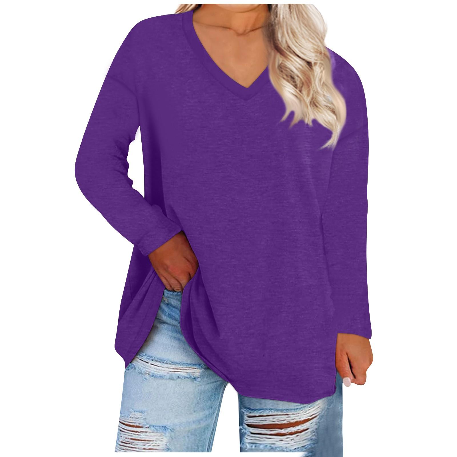 

Жіноча велика вільна та зручна однотонна футболка з довгим рукавом і круглим вирізом XL фіолетовий