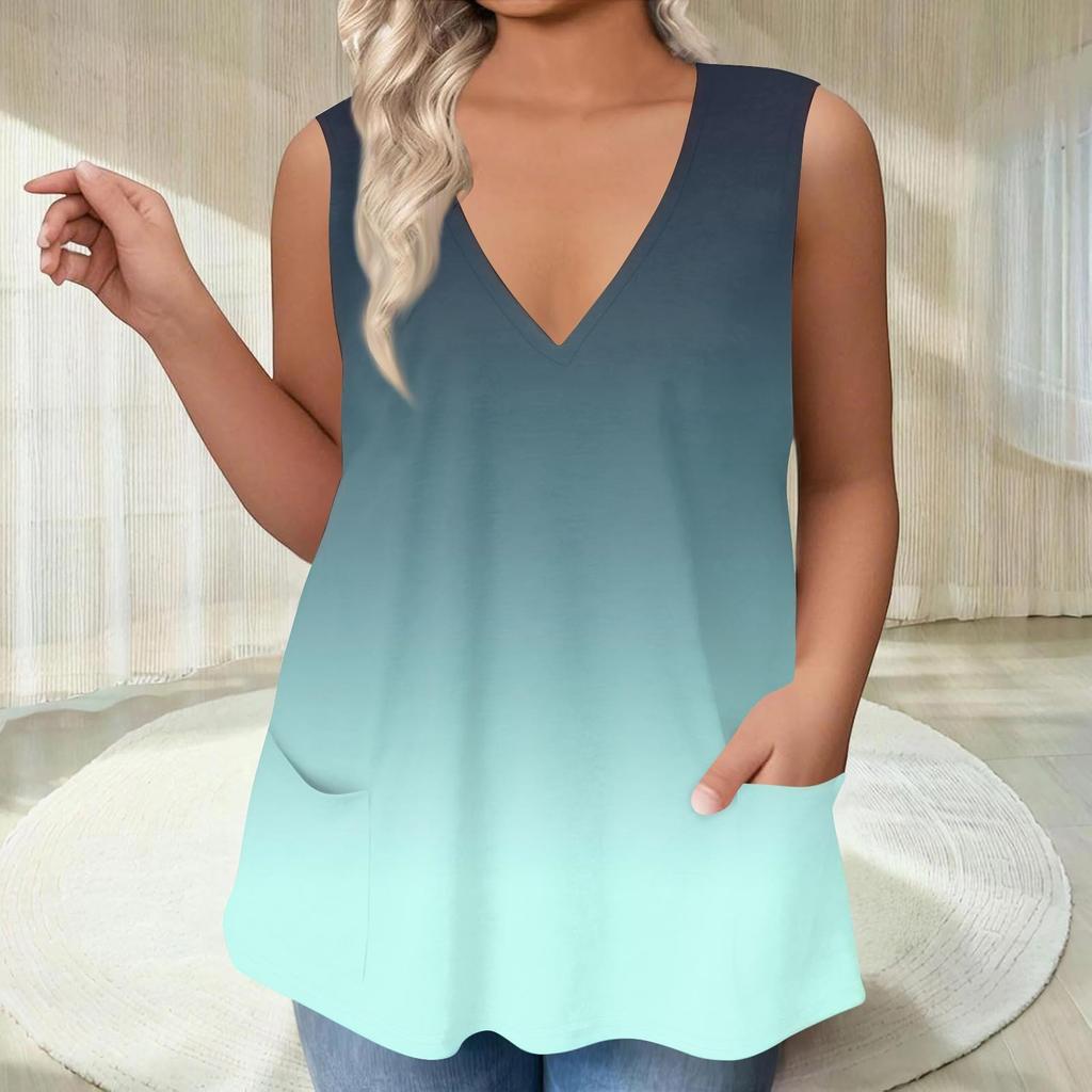 Women's V-neck T-shirt Vest Loose With Pockets T-shirt Gradient Colour Printed Bottom Shirt