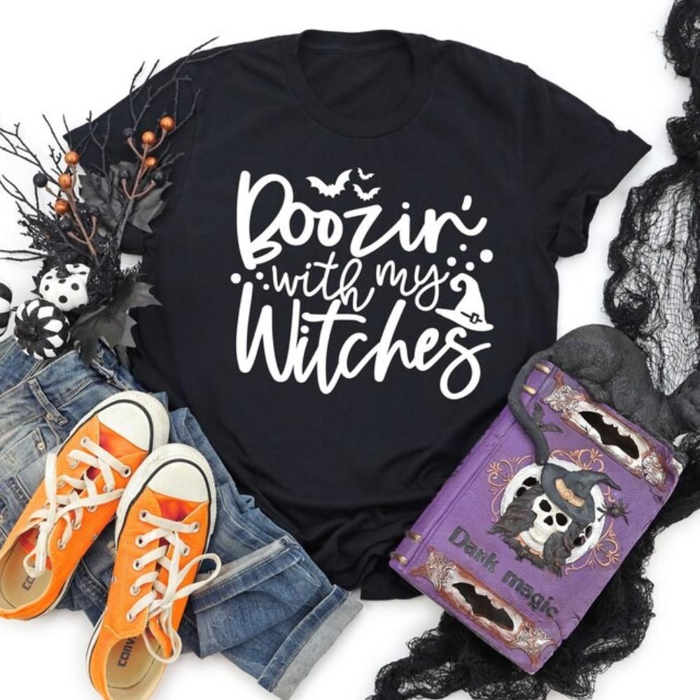 Boozin with My Witches Halloween Wine Graphic T Shirts Happy All Saints Day Woman Man Cotton Tshirt Autumn Festival Tops Tee