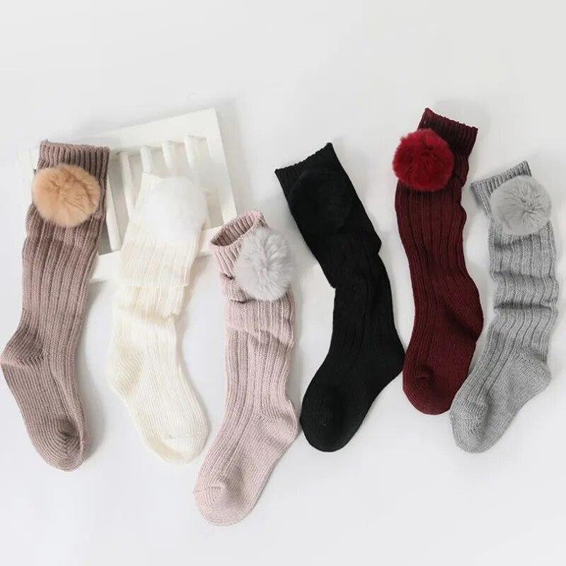 Kids Girls Socks Cotton Fur Ball Knee High Children's Socks For Girls Winter Warm Knitted Baby Stocking Age for 0-7Years
