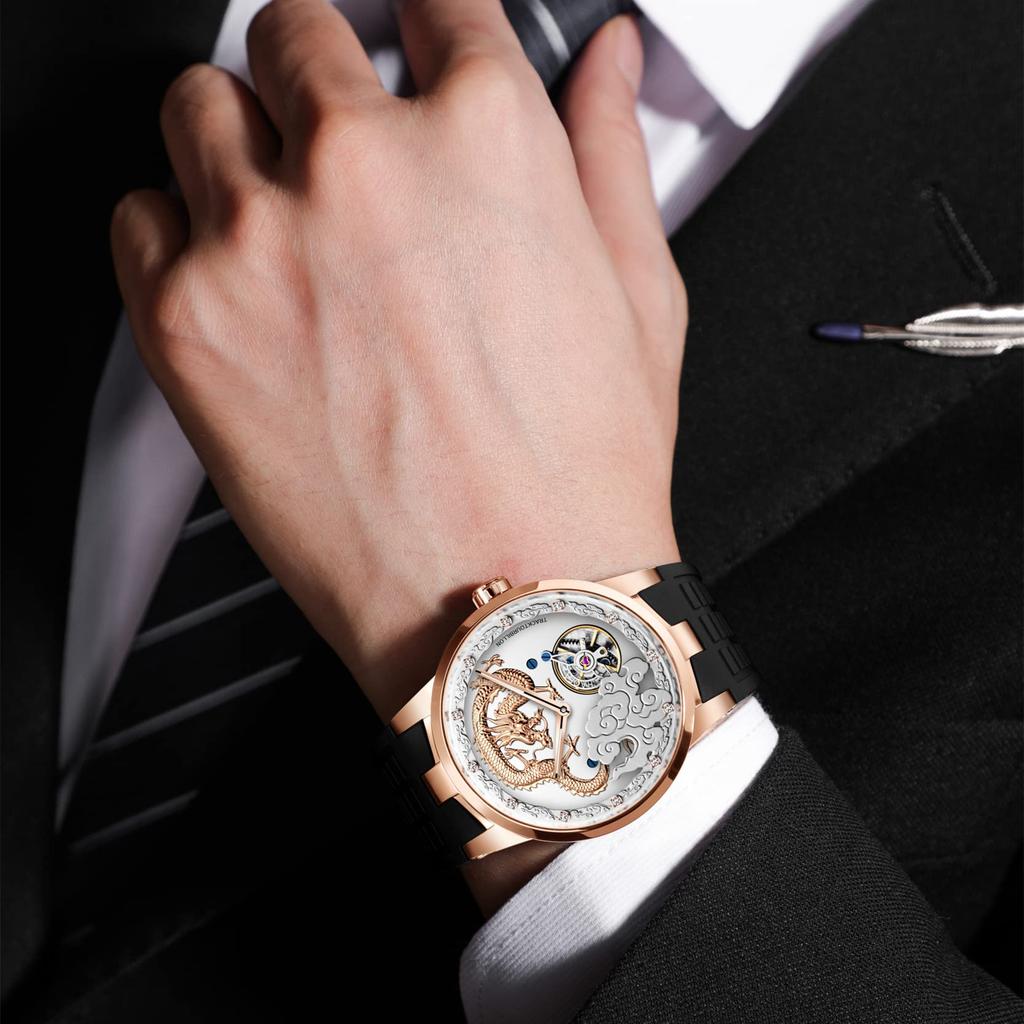 HAOFA Watch Carcel Watch Mechanical Manual Winding 3D Dial Golden Dragon Diamond Watch Waterproof Rubber Strap Luxury Gentleman Gift for Men Men's