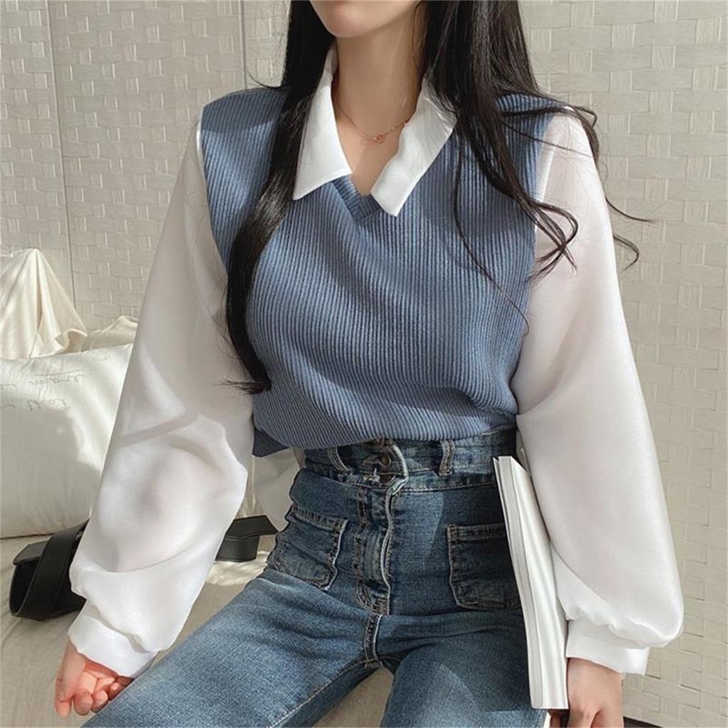 Blouse Women False Two-piece Collar Blouses Tops Streetwear Loose Youth Pullovers Elegant Shirt