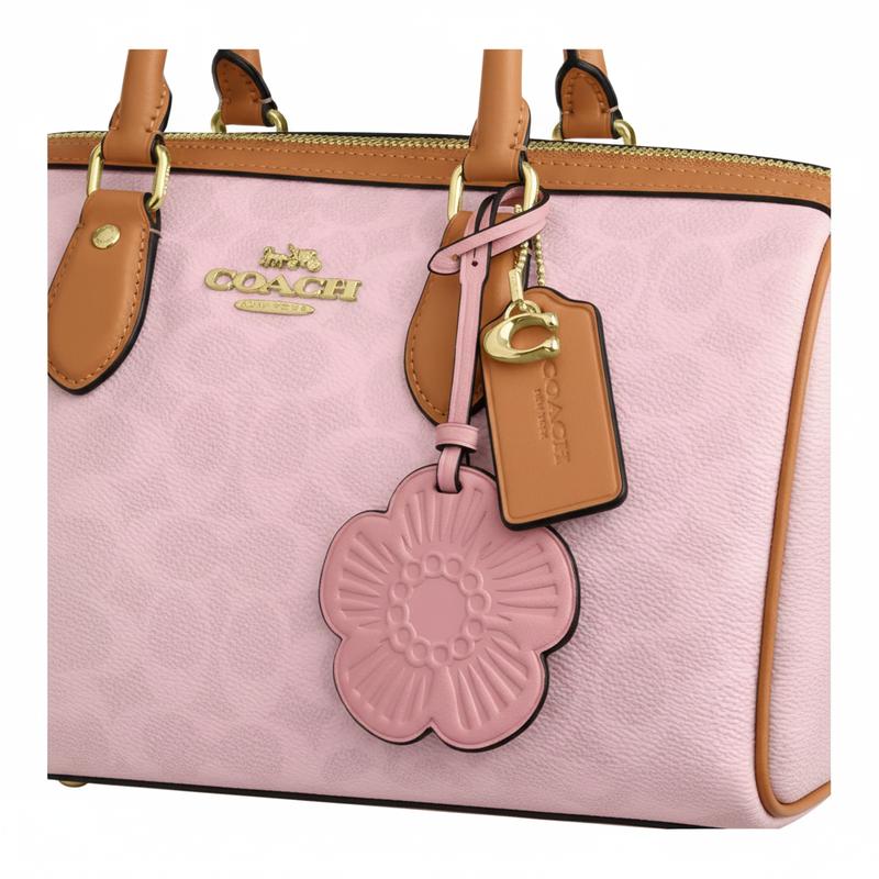 Coach Bolsa de ombro Rowan 30 com fecho de flor em lona revestida, tamanho grande, feminina, rosa