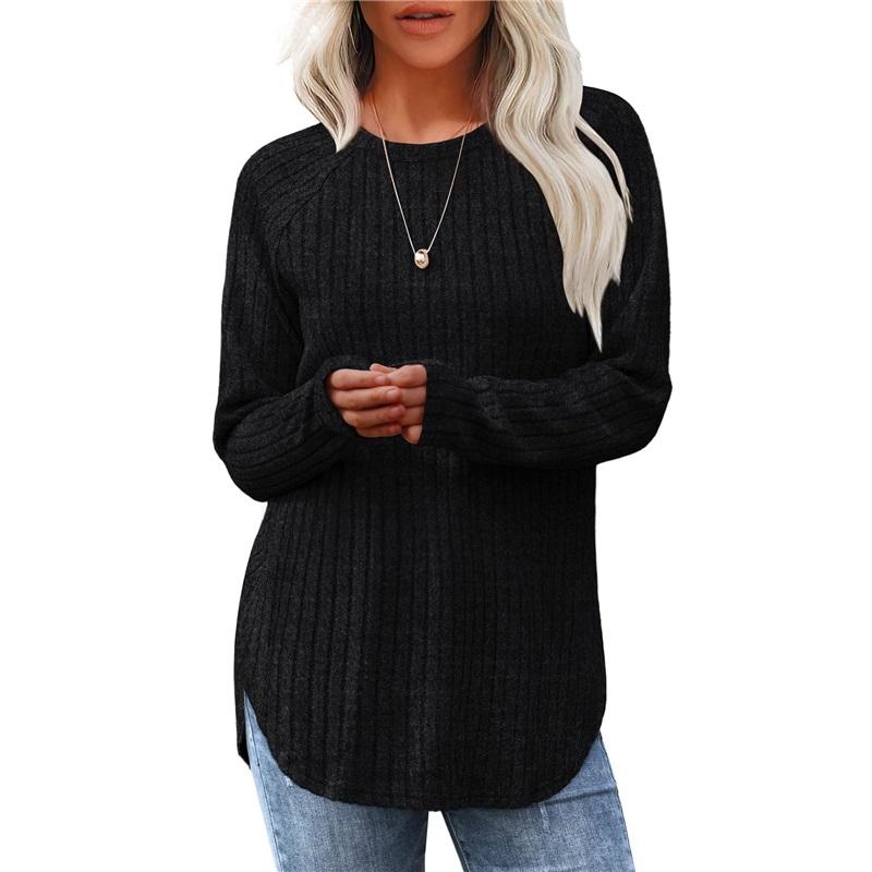 Autumn Women's Loose Fit Round Neck High Low Hem Long Sleeve Sweater Stylish Casual Top For Women Fashionable Fall Apparel