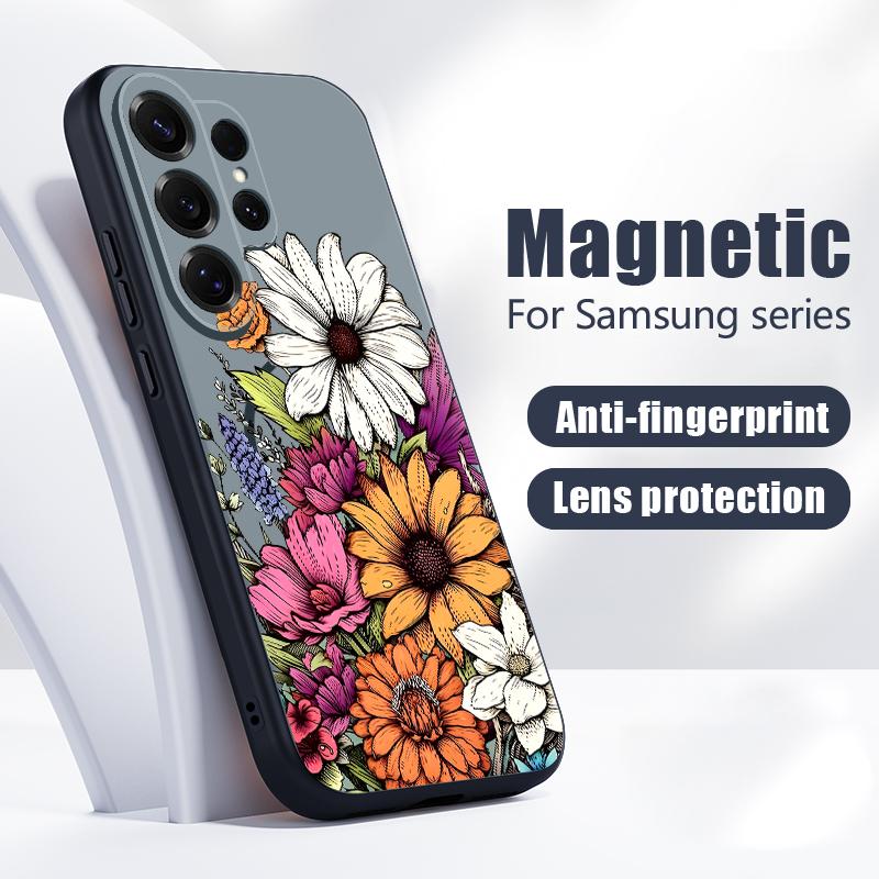 INS Sunflower Print Magnetic Case For Samsung S26 Ultra S25 Edge S24 FE S23 S22 Plus A54 A15 A35 A55 A16 A36 A56 A17 A37 A57 5G Matte Cover