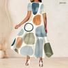Women Plus Size Round Neck Short Sleeve Printed Gathered Waist A Line Long Dress