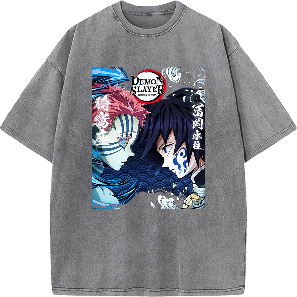 Anime Demon Slayer Tomioka Giyuu Akaza Graphic Tee Men Women Retro Washed T-shirts Cotton Manga T Shirt Harajuku Casual Tshirt