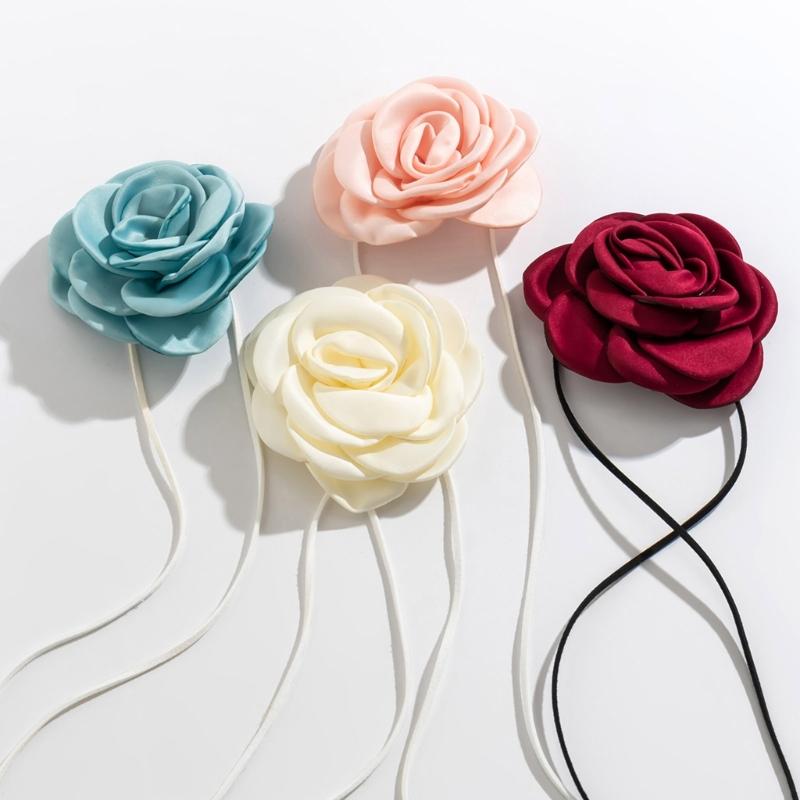 Fabric Flower Tie Choker Necklace Long Rope Lock Collarbone Chain Fashion Neck Decoration Fabric Floral Tie-Up Choker
