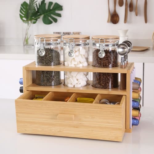 Ken's Kitchen Coffee Bean Storage Containers, Glass Canisters with Lids and Spoons, Coffee Beans, Coffee Grounds, Tea Bag Storage Rack, Tea Bag Holder