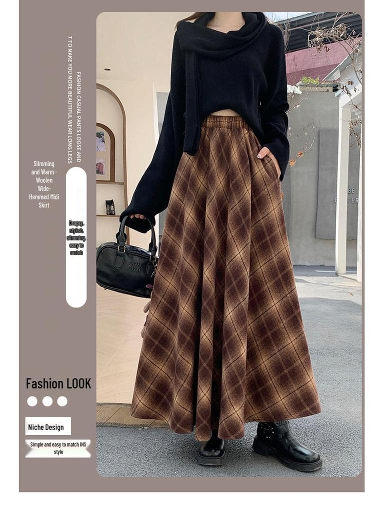 Thickened Warm Wool Retro Plaid Umbrella Skirt - 2025 Autumn/Winter Collection