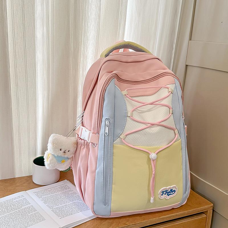 New high-value Mori ins sweet contrasting color splicing schoolbag for women, junior high school students, light travel backpack for women