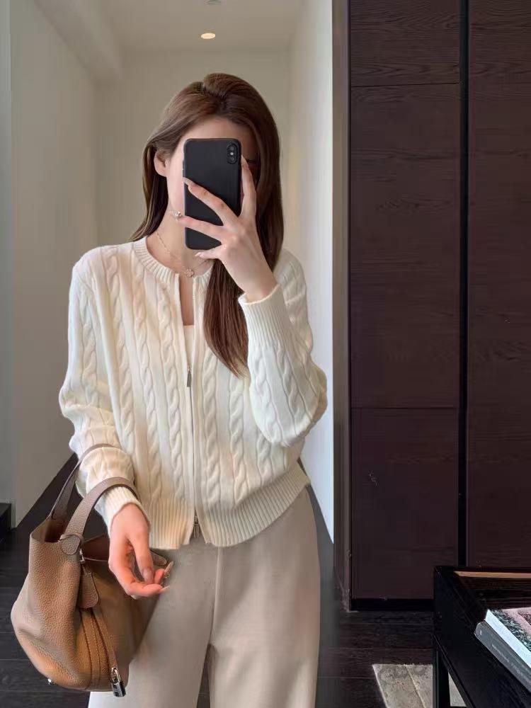 Women's Vintage Style 100% Wool Stand Collar Zipper Cable Knit Cardigan Sweater Coat