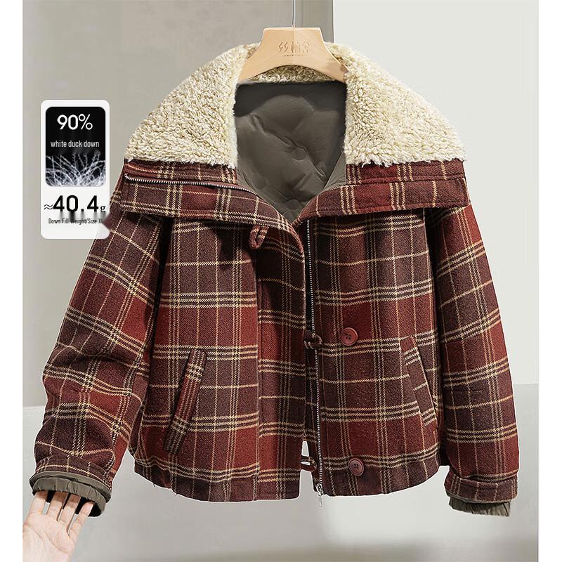 

Sisbyshe Women s Retro Plaid Spliced Down Jacket M