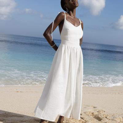 Women's Summer Maxi Dress Casual Boho Sleeveless Spaghetti Strap Smocked Tiered Long Beach Sun Dresses Vacation Dress for Women Solid Halter Dress