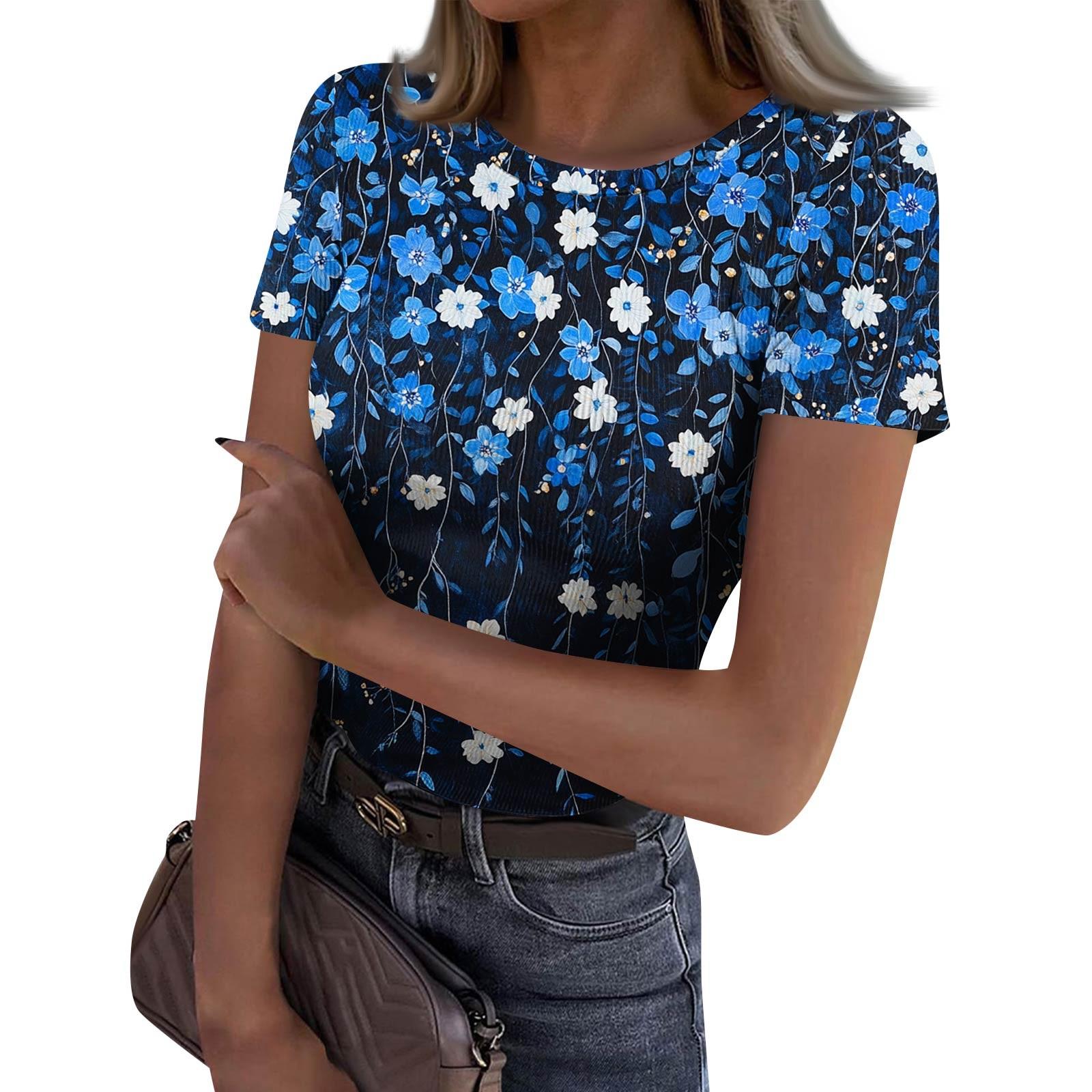 

Женская узкая футболка, модный повседневный свитер с круглым вырезом и коротким рукавом L синий