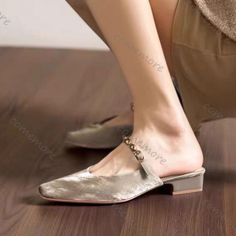 Comemore Square Head Slippers Satin Shallow Mouth Metal Buckle Slip On Women's Shoes Spring Summer Mules Baotou Half Slipper