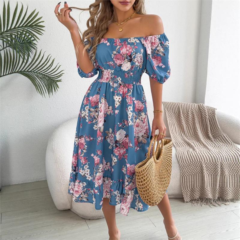 Off-the-shoulder Floral Print Vacation Beach Dress Women Ruffled Spring Summer Short-sleeved