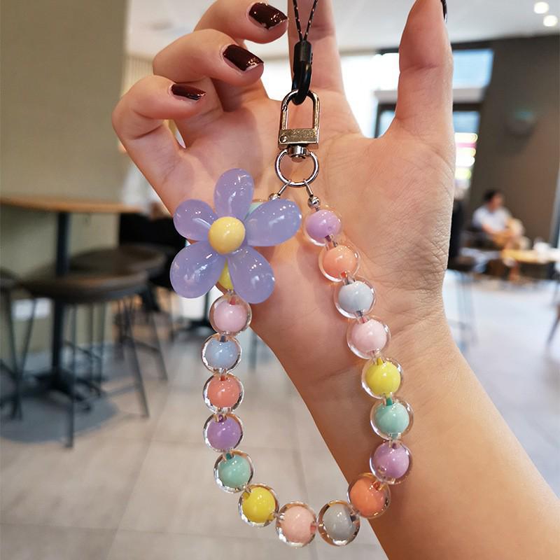 Macaron Beaded Flower Phone Lanyard - Japanese & Korean INS Style Wrist Strap