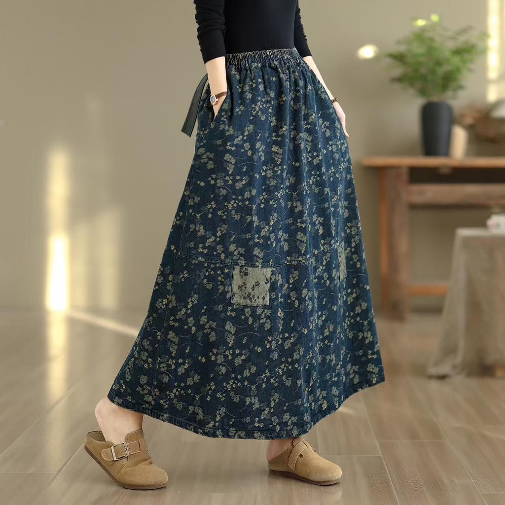 DIMANAF 2025 Summer Spliced Denim skirt Women New Skirts Elastic Elegant Flower Pleated Skirts High Waist