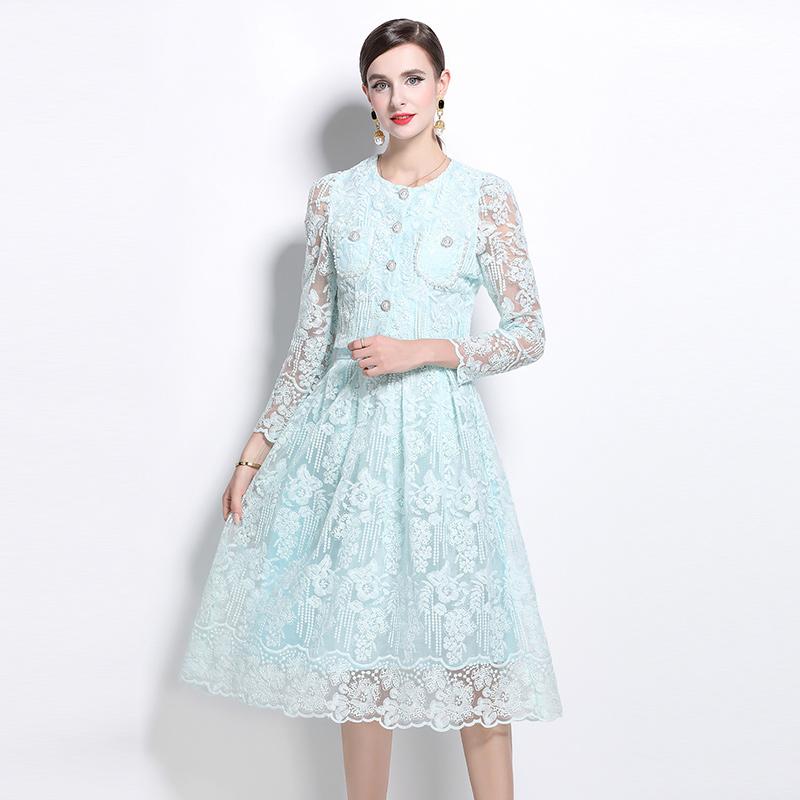 Female Floral Embroidery Two Piece Set Women Suit Elegant OL Long Sleeve Shirt Midi Skirts 2 Piece Outfit