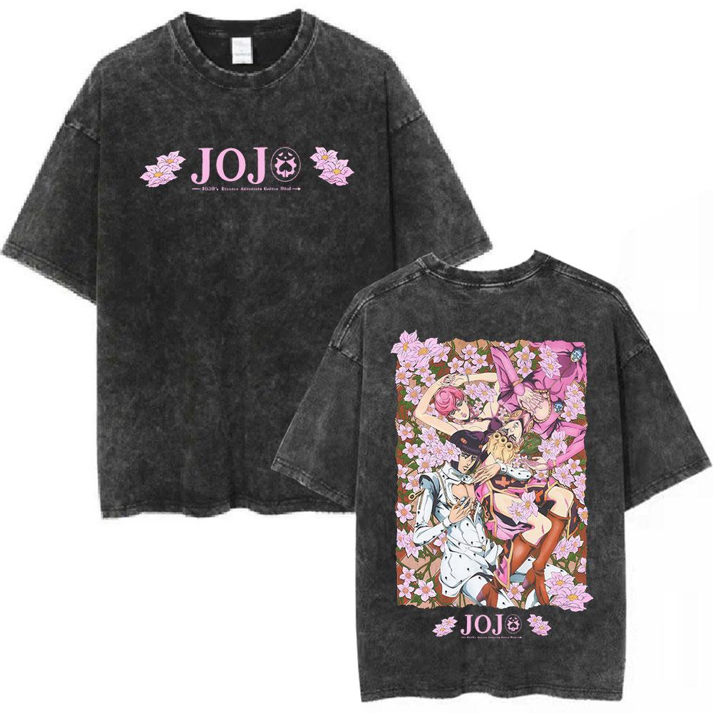 Anime Washed Vintage T Shirts Jojo Bizarre Adventure Tshirt Manga Giorno Giovanna Streetwear Men Women Casual Oversized T Shirt