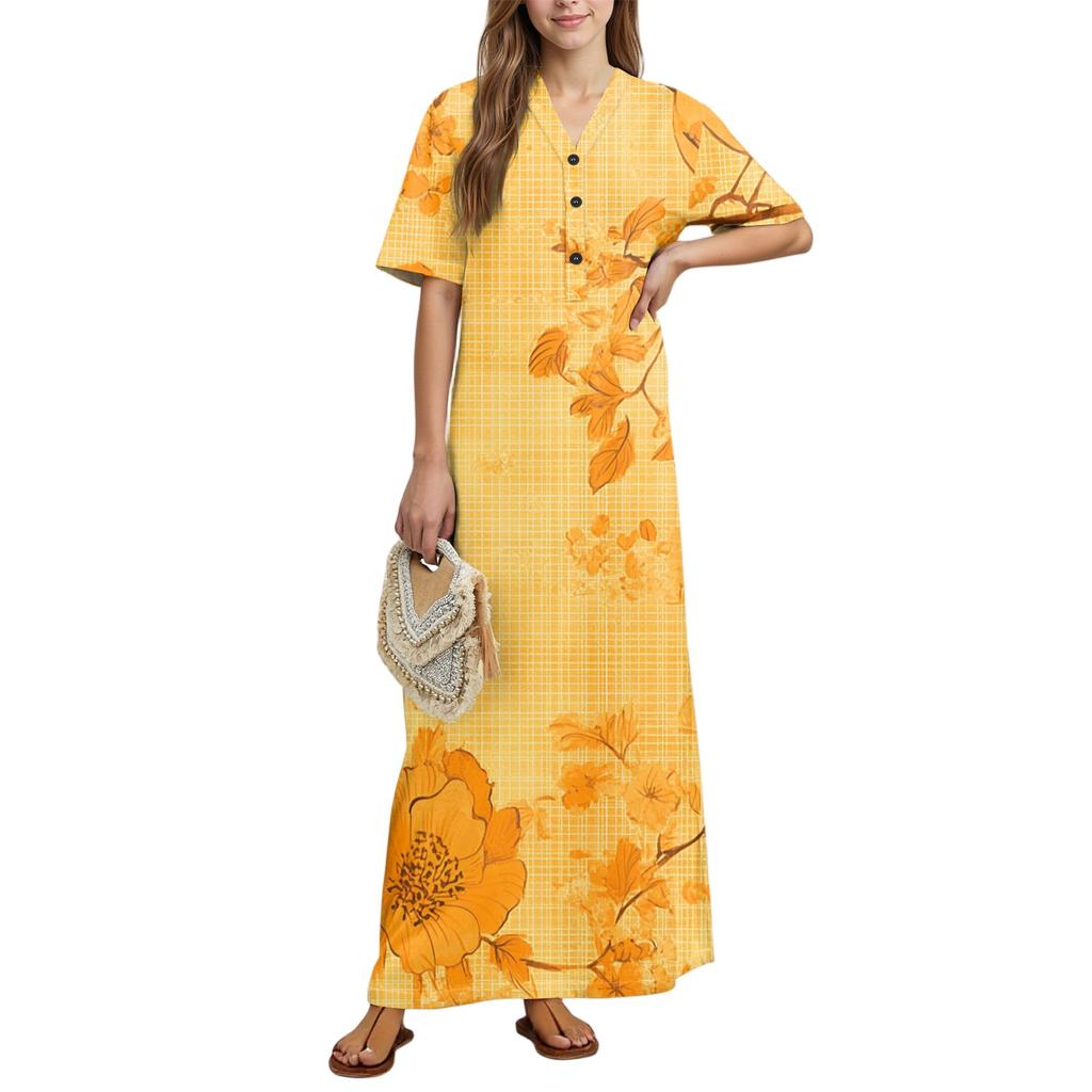 Women's Fashion Printed Nightgown Home Clothes Short Sleeve Nightgown With Pockets Long Dress